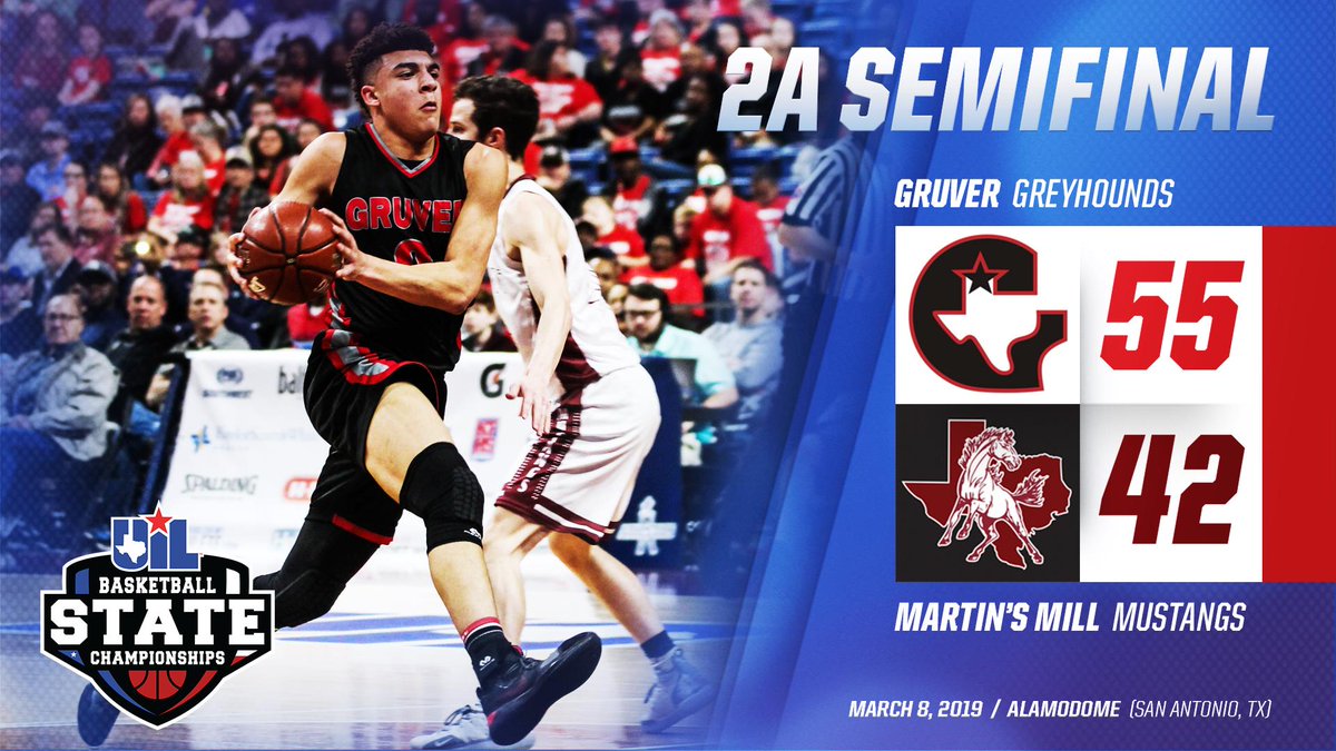 uiltexas's tweet image. CONF 2A SEMI: @gruverhoundball def. #MartinsMillMustangs, 55-42, to advance to the #UILState Final (Sat., March 9 @ 1:30 pm). The Greyhounds advance to their fourth UIL boys basketball state final.

BOX SCORE ➡️ bit.ly/2VGmuHq