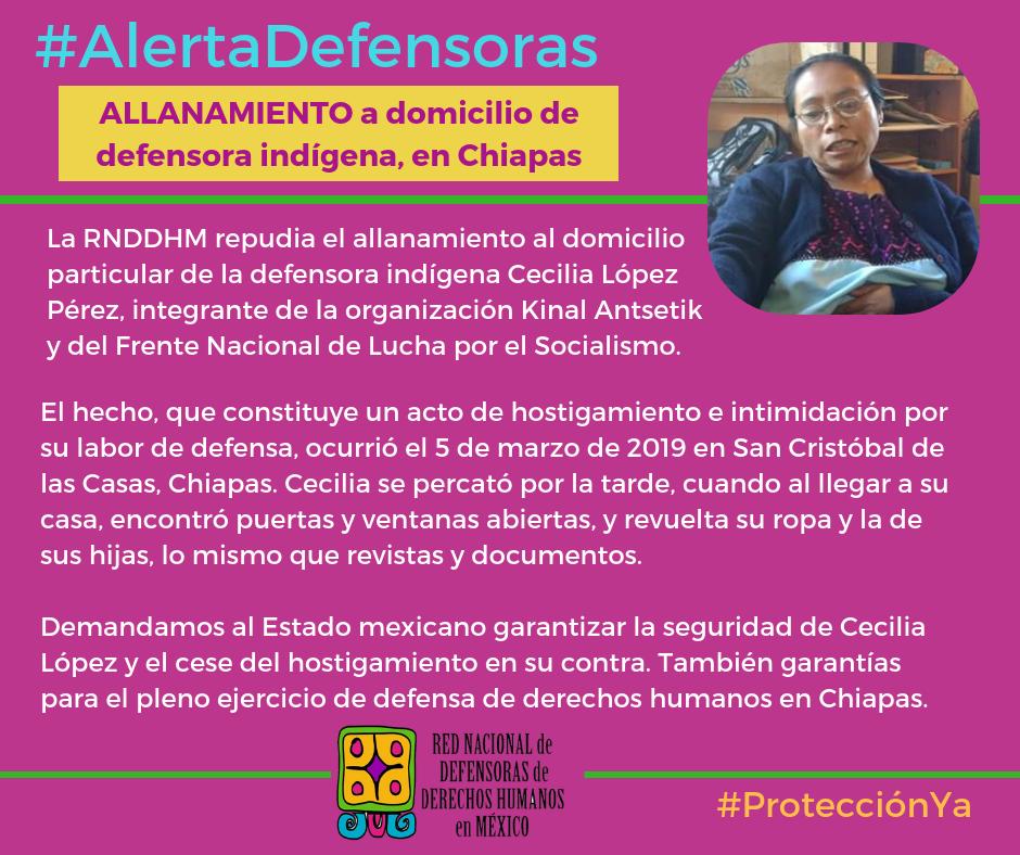 AcuddehM's tweet photo. #AlertaDefensorasMx
#RNDDHM repudia allanamiento a domicilio de #DefensoraIndígena. Demandamos al #EstadoMexicano garantizar la seguridad de Cecilia López y el cese al #hostigamiento en su contra. También garantías para el pleno ejercicio de defensa de #ddhh en #Chiapas https://t.co/k9LrSE87Z0