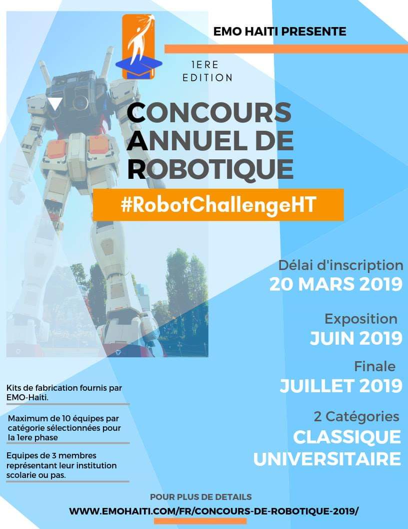 emohaiti's tweet photo. Les amants de la programmation et de l'innovation, ce concours de #Robotique est pour vous. Ne ratez pas cette opportunité si vous êtes un élève du secondaire ou universitaire évoluant en Haiti. Pour les détails: https://t.co/7LuftIcTyz

#RobotChallengeHT #Haiti https://t.co/IbXlDjKSnh