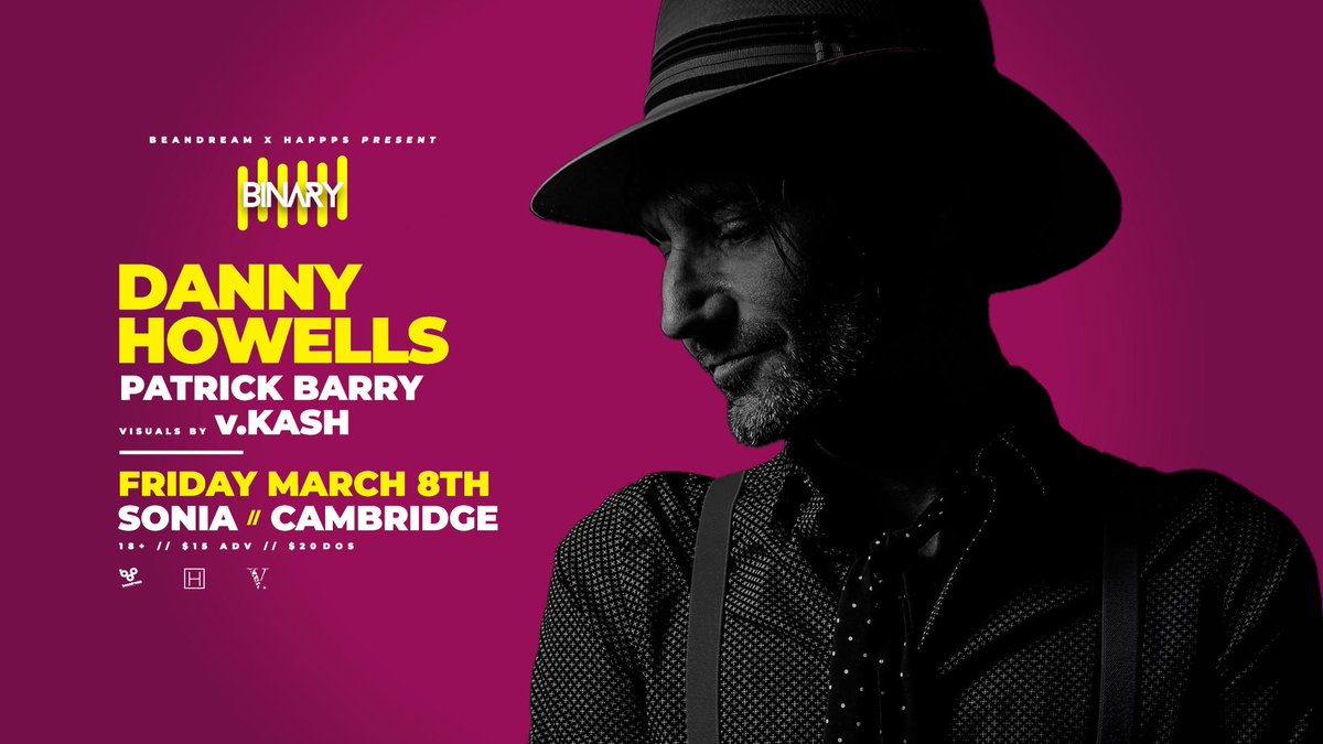 Tonight we have the pleasure of hosting house / techno / dance music legend Danny Howells! Supporting him is local veteran and staple of the Boston underground scene Patrick Barry. All backed by visuals from v.Kash! 
Tix: bit.ly/BINARYDannyHow…