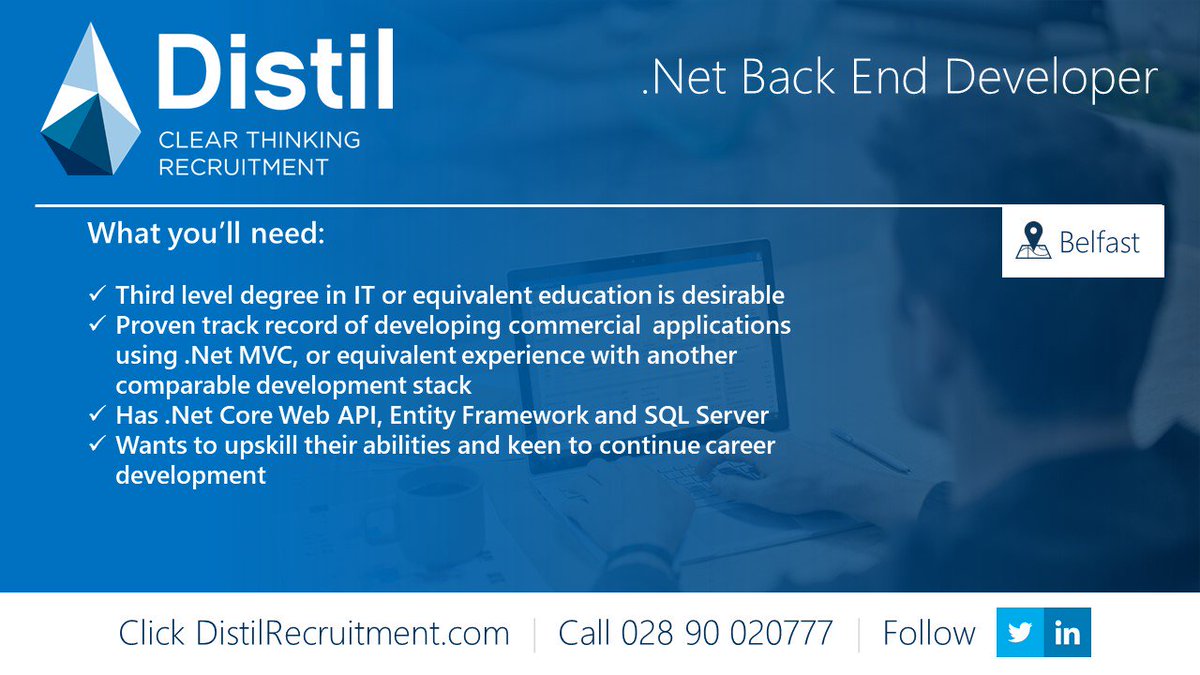 Distil752's tweet photo. .Net #BackEndDeveloper role with a thriving software company in #Belfast. Working in a #goodteamenvironment with #careerprogression. Has a competitive salary, bonus potential and a great benefits package https://t.co/DNIUCFn6zI
PM/ e-mail pbingham@distilrecuitment.com for info https://t.co/7UasyubfHZ