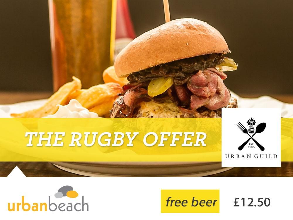 Enjoy the Rugby this weekend EVEN MORE with a proper, all the trimmings Urban Guild cheese & bacon burger and a pint of Hop House or a pint of Guinness for £12.50. Watch all the games on our BIG projector screen. buff.ly/2H5WDpm