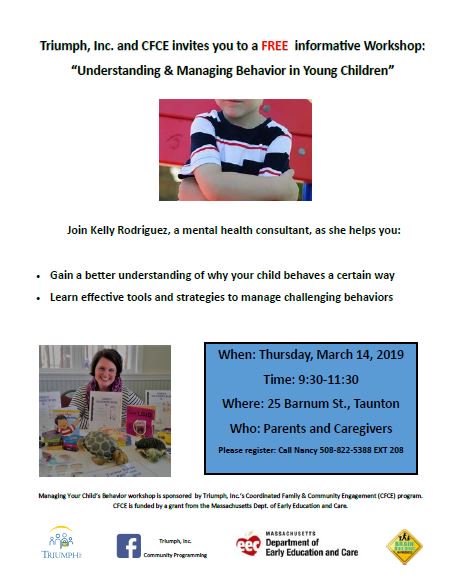 "Understanding &amp; Managing Behavior in Young Children" is a free workshop for parents &amp; caregivers offered through <a href="/TriumpHeadStart/">Triumph Inc.</a> and CFCE next Thursday March 14th from 9:30-11:30 

Call today to register! 🐢👥