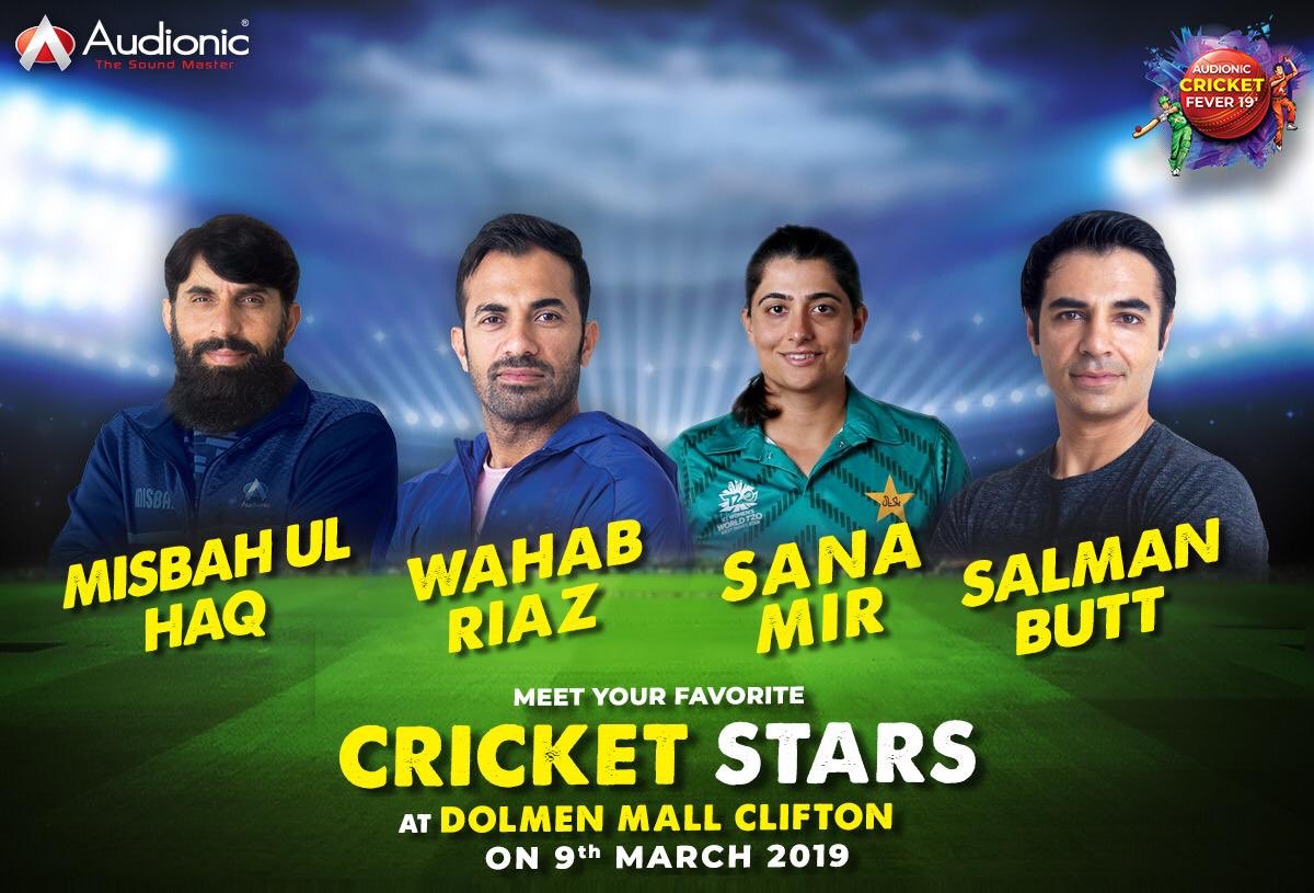 MehaktiDunia's tweet photo. Hello peeps, you should really visit Dolman Mall Clifton,
Audionic is celebrating Cricket fever from 8th to 9th March. Misbah ul haq Wahab Riaz Salman Butt and Sana Mir are also coming 🤗

#Audioniccricketfever2019  #keysproductions https://t.co/CkLUeEu3Ft