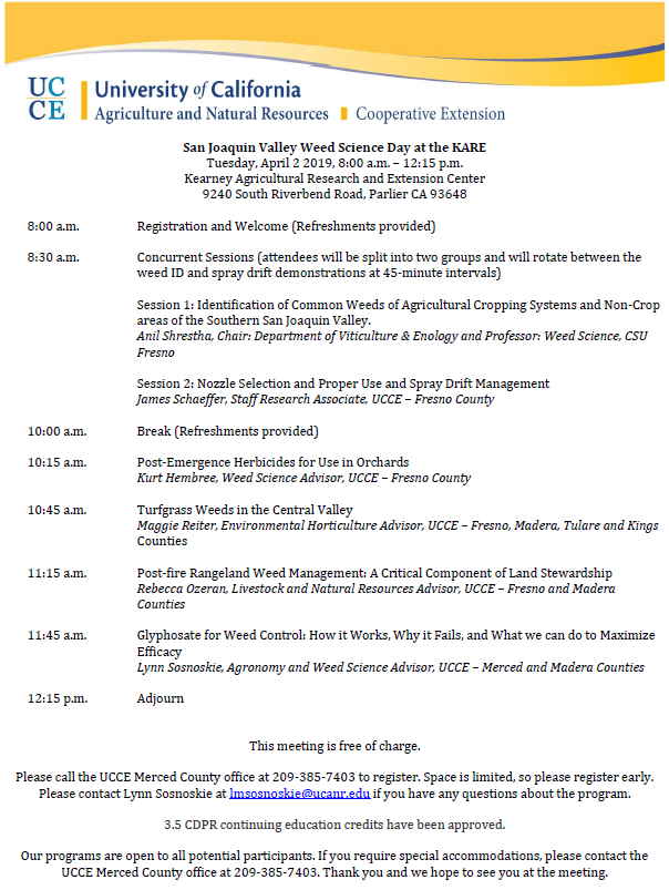 Specialty Crop Weed Science (@vegfruitweedsci) on Twitter photo Weed Science Extension Day! 3.5 CDPR Credits! April 2nd at the Kearney Ag Center in Parlier! Join us! <a href="/ucanr/">Ag&Natural Resources</a> <a href="/UCIPM/">UC Statewide IPM Program</a> <a href="/PhoebeG_Orchard/">Phoebe Gordon</a> <a href="/maggie_reiter/">Maggie Reiter</a> <a href="/KariDigsPlants/">Kari Arnold</a> @KTLund60 <a href="/ZhuangGeorge/">George Zhuang</a> <a href="/grapetweets/">Matthew Fidelibus</a> <a href="/kurtural/">Kurtural Vineyard Consulting</a> Weed Science Extension Day! 3.5 CDPR Credits! April 2nd at the Kearney Ag Center in Parlier! Join us! <a href="/ucanr/">Ag&Natural Resources</a> <a href="/UCIPM/">UC Statewide IPM Program</a> <a href="/PhoebeG_Orchard/">Phoebe Gordon</a> <a href="/maggie_reiter/">Maggie Reiter</a> <a href="/KariDigsPlants/">Kari Arnold</a> @KTLund60 <a href="/ZhuangGeorge/">George Zhuang</a> <a href="/grapetweets/">Matthew Fidelibus</a> <a href="/kurtural/">Kurtural Vineyard Consulting</a>