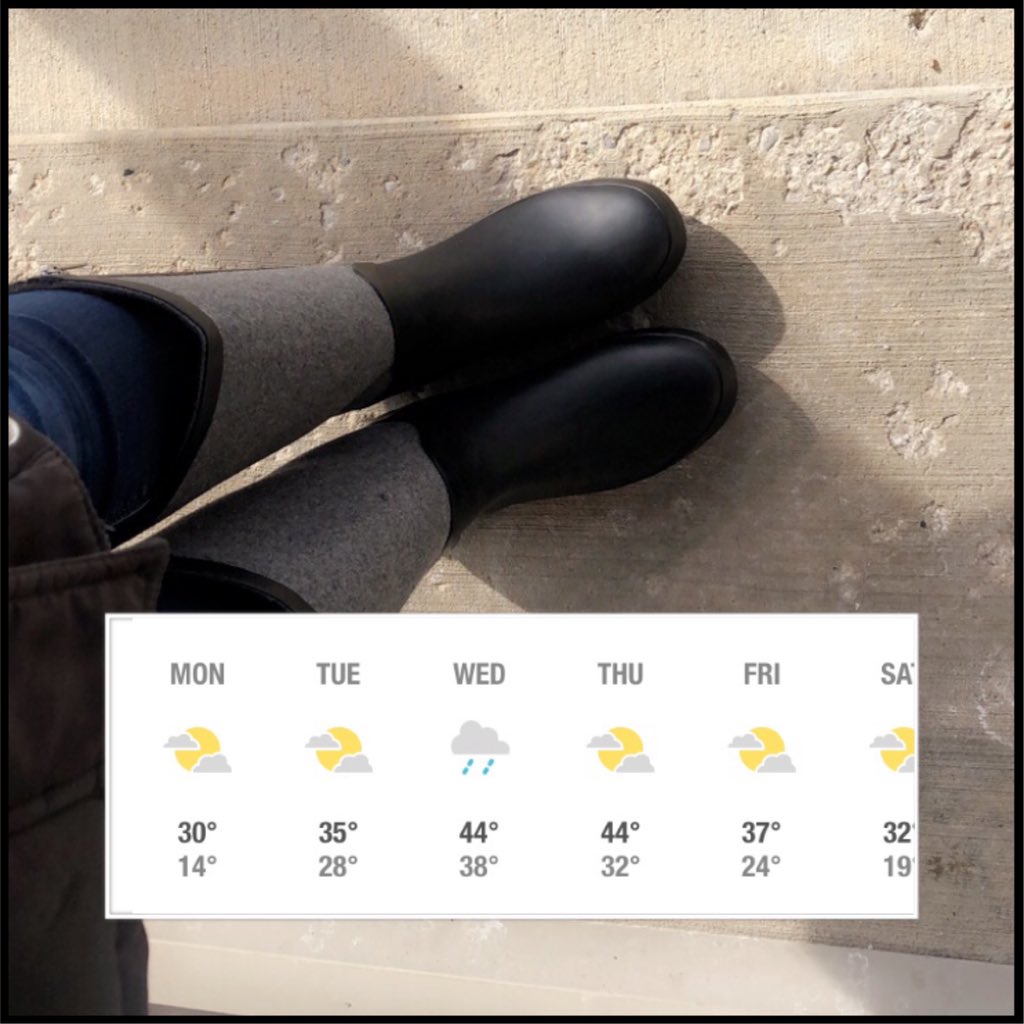 Amanda40960983's tweet photo. It may only be 15 degrees outside right now, but in spirit of next week’s weather, i’m wearing my rain boots 😍 https://t.co/Ac9axXxiZm