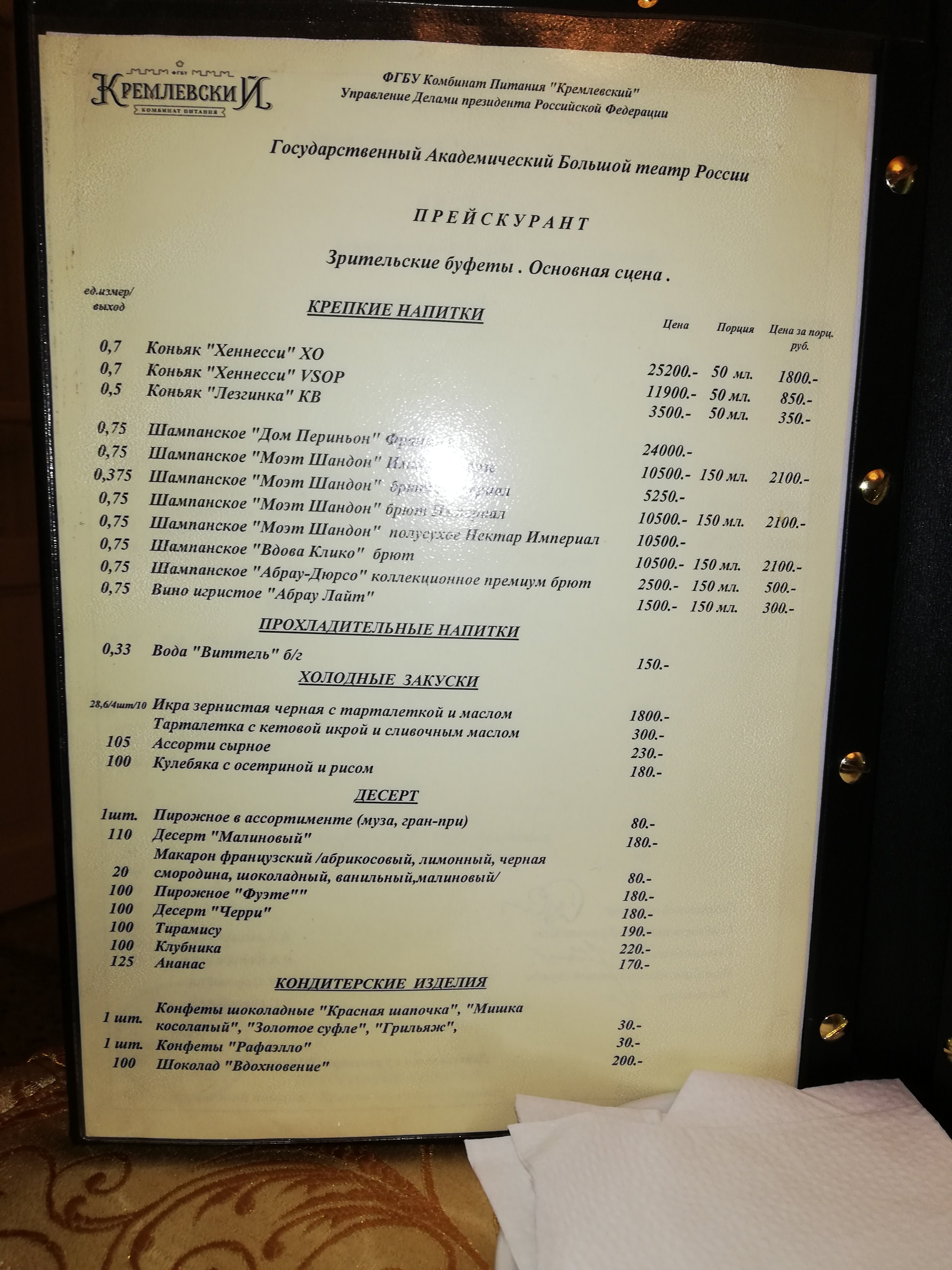 Меню театрального буфета