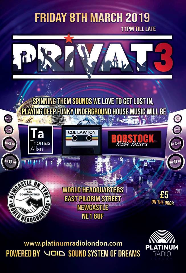 CollawtonDJ's tweet photo. its @PRIVAT35 party night tonight doors open at 11pm World Headquarters Newcastle Upon Tyne going to be a good night 3 DJ's deep vocal funky house...come down £5 to get in... https://t.co/TiL7CVb3D0