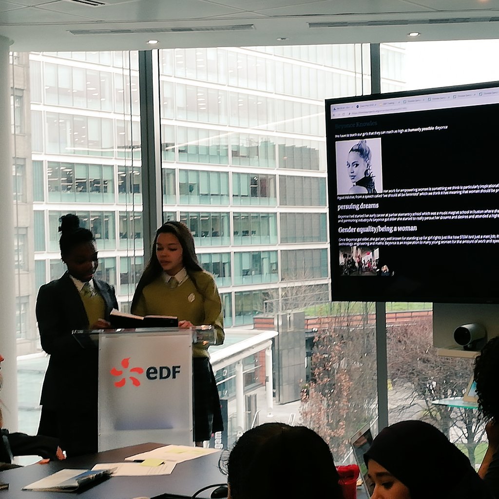 Stemettes's tweet photo. Presentation time! The girls spent the rest of the afternoon at #EDFTrading using #HTML to create websites based on inspirational women for #iwd2019 🎉

#EDFStemettes 
#GirlsInSTEM
#girlsintech
#womenintech
#WomenInSTEM https://t.co/HTtQIfzf3X