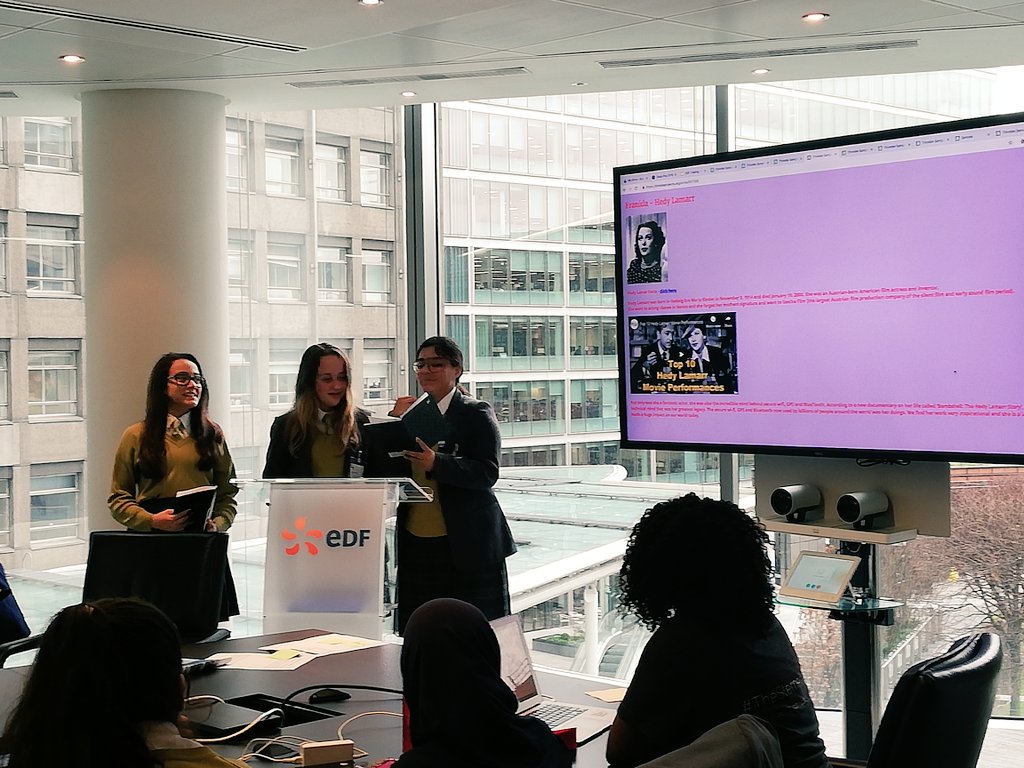 Stemettes's tweet photo. Presentation time! The girls spent the rest of the afternoon at #EDFTrading using #HTML to create websites based on inspirational women for #iwd2019 🎉

#EDFStemettes 
#GirlsInSTEM
#girlsintech
#womenintech
#WomenInSTEM https://t.co/HTtQIfzf3X