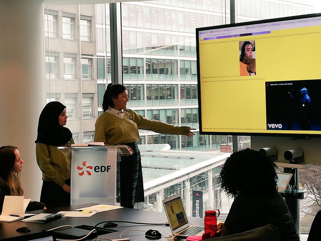 Stemettes's tweet photo. Presentation time! The girls spent the rest of the afternoon at #EDFTrading using #HTML to create websites based on inspirational women for #iwd2019 🎉

#EDFStemettes 
#GirlsInSTEM
#girlsintech
#womenintech
#WomenInSTEM https://t.co/HTtQIfzf3X