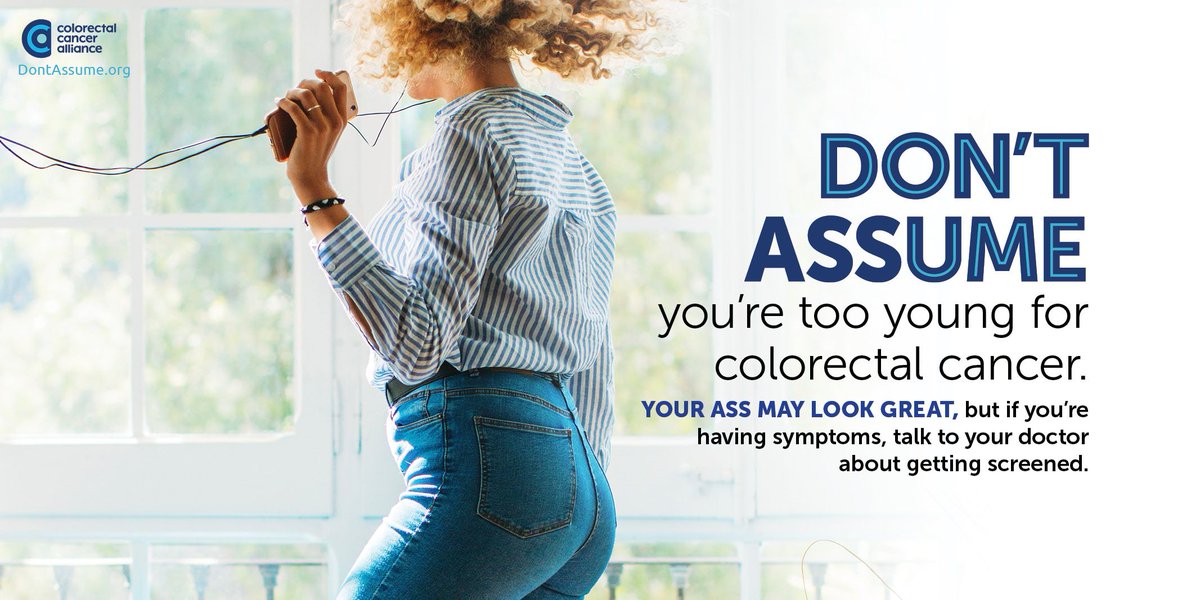 CCAlliance's tweet photo. DYK: 11% of colon cancer diagnoses and 18% of rectal cancer diagnoses occur in those under 50? #DontASSume you're too young. Learn more about colorectal cancer symptoms here: https://t.co/4KVZUF6gnD https://t.co/15FfHVMGid