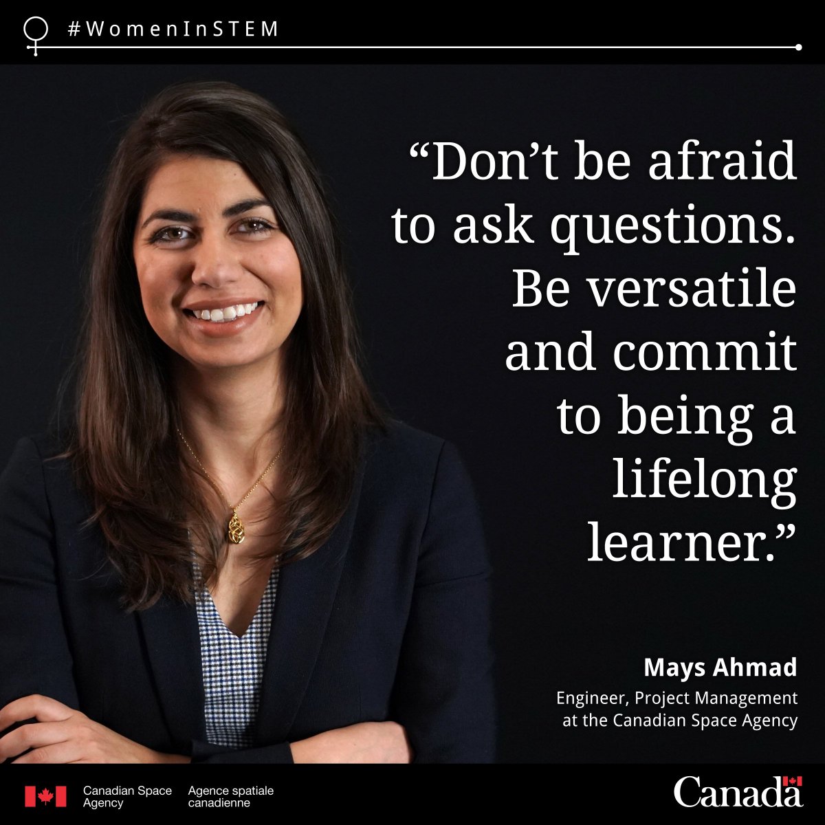 csa_asc's tweet photo. Let’s #InnovateForChange and create stellar opportunities for #WomenInSTEM fields. Check out our profile of Mays Ahmad, CSA engineer! 👉 https://t.co/EW0WbrOs7k. #IWD2019 https://t.co/jOGB73RLME