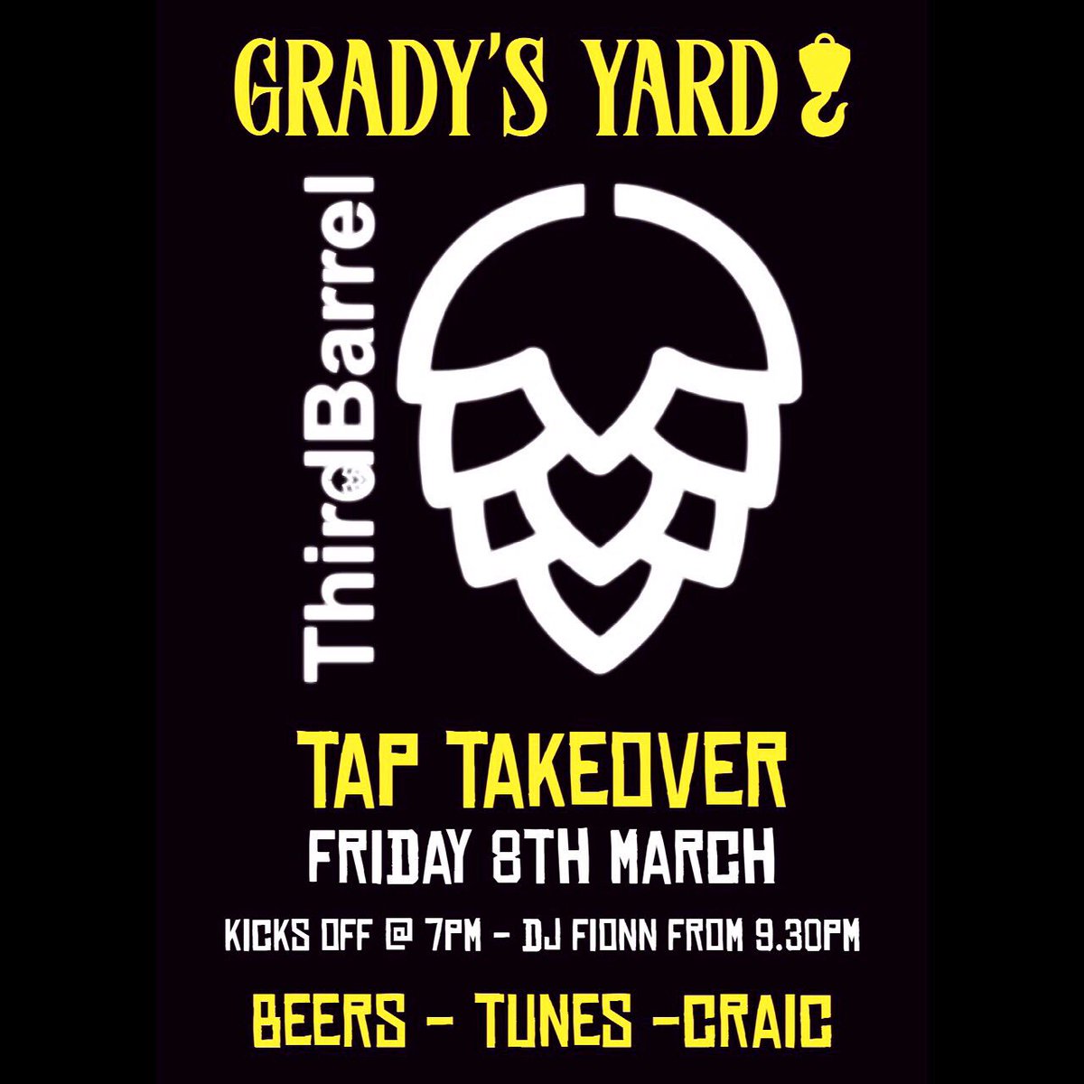 Beer + Tunes = Craic.
With <a href="/ThirdBarrelbrew/">Third Barrel Brewing</a>.
Live tunes from Fionn on decks. 
It’s gonna be claaaaaaaaassss. 
Burst on down. Grab a table early.
Food until 8pm. #UpTheSesh