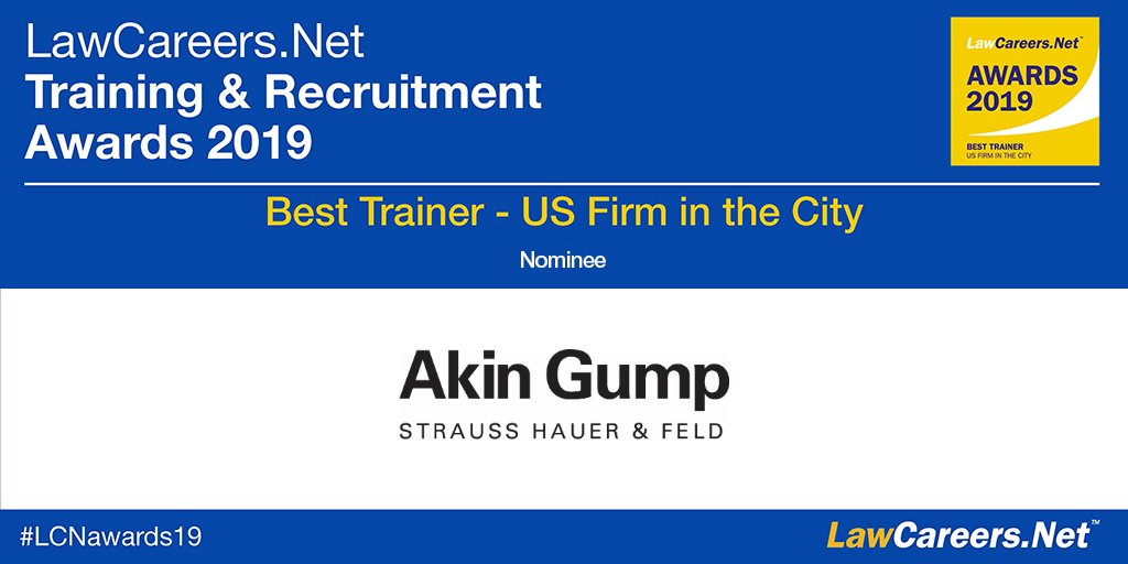 akin_gump's tweet photo. Akin Gump shortlisted for https://t.co/ZBG3oDUT3T training award

The firm has been shortlisted in the category “Best Trainer – US Firm in the City” in the 16th Annual https://t.co/ZBG3oDUT3T #Training &amp; #Recruitment Awards.
#LCNAwards19 https://t.co/0GeROp0hfM https://t.co/KpKFmwtMzM
