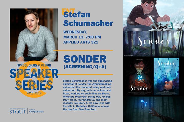 SonderShort's tweet photo. Hey Wisconsin! Next week, our supervising animator Stefan Schumacher will visit @uwstout to screen 'Sonder' and discuss the making of the film. The event takes place on Weds. 3/13 at 7pm at the university's Applied Arts building, room 321. #animation #shortfilm https://t.co/aEdBz8Hv0B