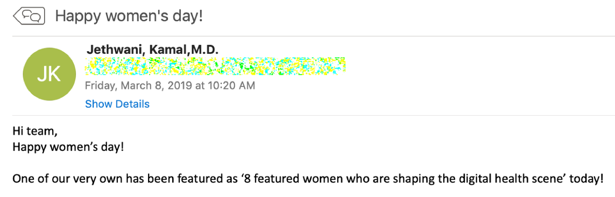 tasmiaux's tweet photo. When the director takes the time out to wish the entire team #HappyWomensDay2019, I can't help but feel grateful! Thanks @kamalj83 -- we appreciate you! (Also a big congrats to @sunita_patolia who made "8 Boston-Based Women Who Are Shaping the Digital Health Scene")💪🏽 https://t.co/arcKeFsj50
