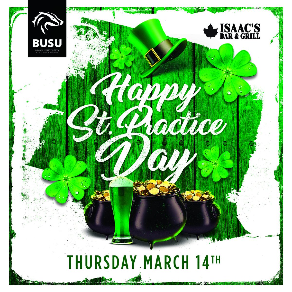 Happy St. Practice Day! If you're ready to practice getting into the St. Patrick's day spirit early, next Thursday night at Isaac's is the place to be.🍀  Doors at 10 | 19+ event | bottleservice@brockbusu.ca for bottle service and guest list inquiries.