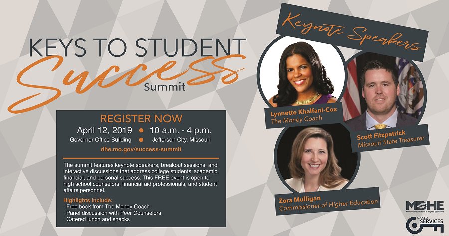 MODHEWD's tweet photo. Don't miss this FREE Keys to Student Success Summit! Hear from national speaker and author @themoneycoach, along with @MOTreasurer, @zzmulligan, peer counselors and other content experts. Register today at https://t.co/I4187El0cP. #studentsuccess #MoHigherEd #successservices https://t.co/0EQaD4Nrvp