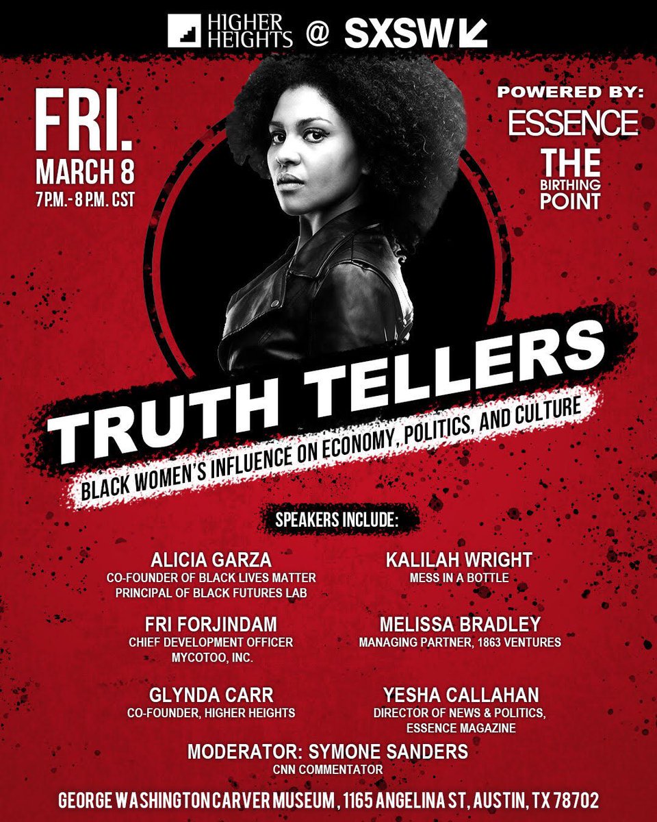 HigherHeights's tweet photo. .@HigherHeights is at @SXSW! We are excited to join @Essence & #TheBirthingPoint for a very special #InternationalWomensDay panel TONIGHT, "#TruthTellers: Black Women's Influence on Economy, Politics, & Culture". Tune in LIVE this evening at 7P CST https://t.co/lSmLMH3Tav https://t.co/l7XbNp1Amx