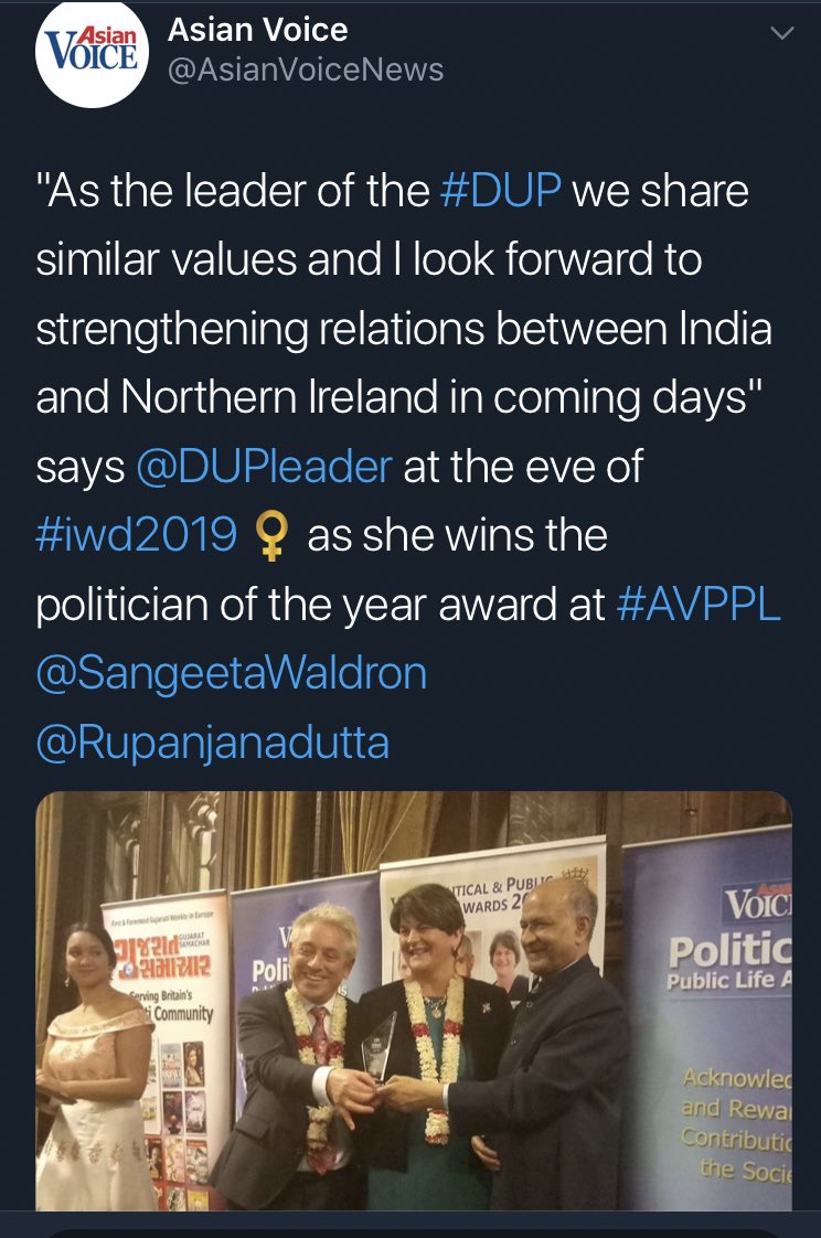 DannyDonnelly1's tweet photo. - @AsianVoiceNews awarding Arlene Foster ‘Politician of the year’ while there’s an ongoing investigation into a huge scandal involving her & 2 years of no gov because of her inability to accept a language act is a huge joke in NI. I hope next year’s winner is more worthy. #AVPPL https://t.co/5858pRiJRm