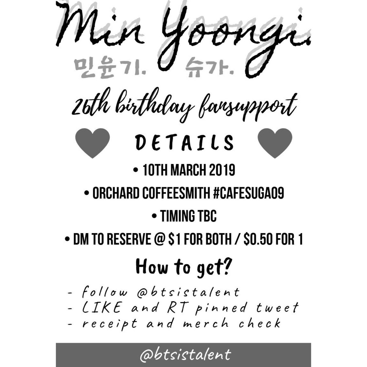 btsistalent's tweet photo. [help rt] 민윤기 fansupport!!🐱🧶
~ 1 photostrip per person
~ follow, ❤️ &amp; 🔁 pinned tweet to redeem
~ more info in the notice below ^-^
see u this sunday @ #CafeSuga09!!☕️🖤 https://t.co/qsJZL2l7NS