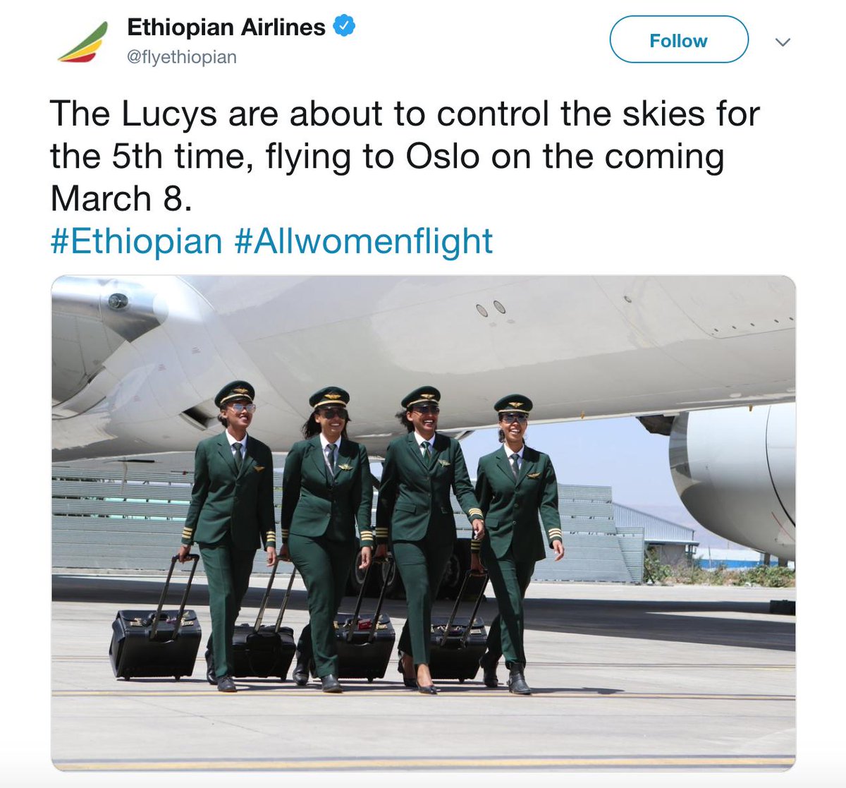 ajplus's tweet image. Ethiopian Airlines celebrated #InternationalWomensDay with an all-female operated flight to Oslo. It’s the 5th time it’s used an all-female crew, including:
👩🏾‍✈️ Pilots 
👩🏾‍💻 Air traffic controllers
👮🏾‍♀️ Security personnel
👩🏾‍🔧 Plane cargo crew