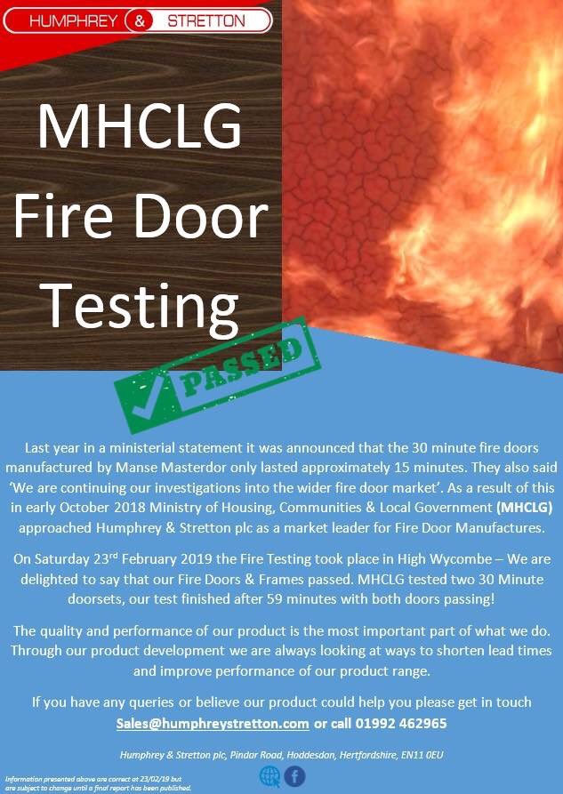 humphreystretto's tweet photo. WE PASSED-Following recent events regarding fire safety in the industry Ministry of Housing, Communites &amp; Local Government(MHCLG) requested three FD30 Doorsets from Humphrey &amp; Stretton plc to be tested. On Saturday 23rd February 2019 Humphrey &amp; Stretton plc had the test WE PASSED https://t.co/XtpEYOeGQy