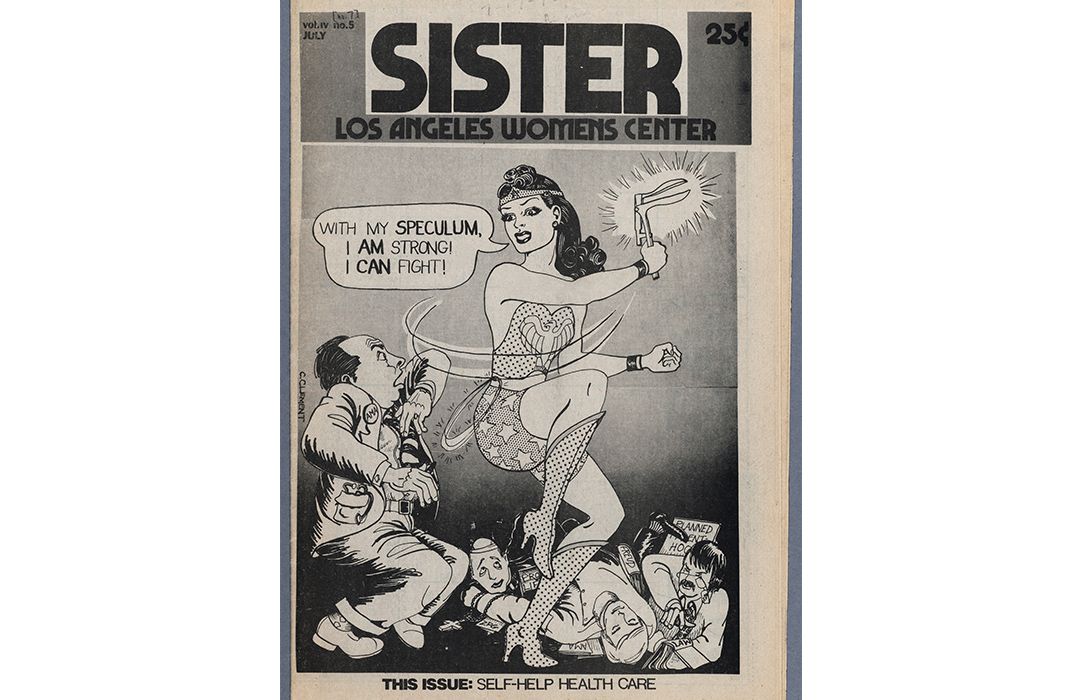Cover of Sister magazine showing Wonder Woman as described, holding a speculum, in greyscale. She's striking a doctor.