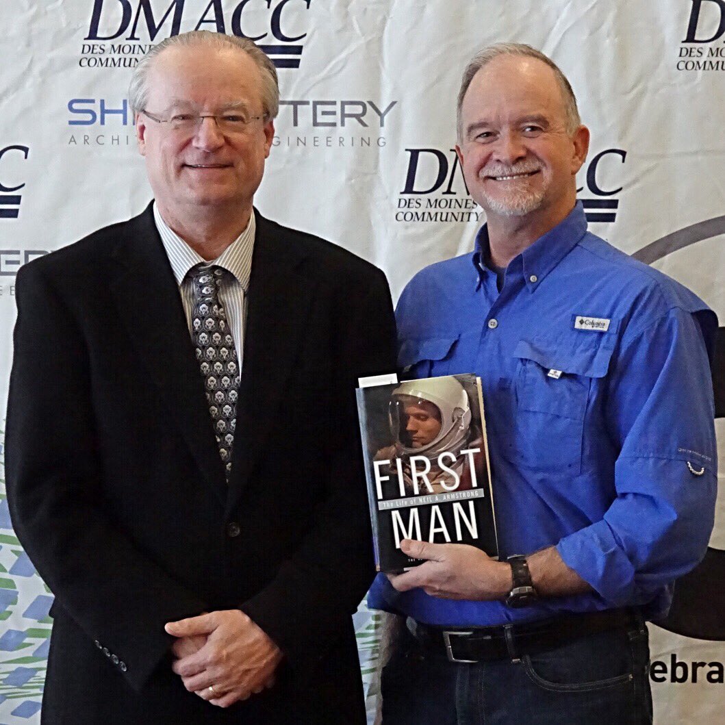 DanJHoy1's tweet photo. Yesterday Barb and I listened to James Hansen, the author of the Neil Armstrong biography “First Man” at @DMACCWest #ciWeek 10. Hansen co-produced the 2018 movie of the same name. He autographed my book, including the page describing Armstrong’s 1964 visit to Des Moines and Ames. https://t.co/84Qiua3Zmb
