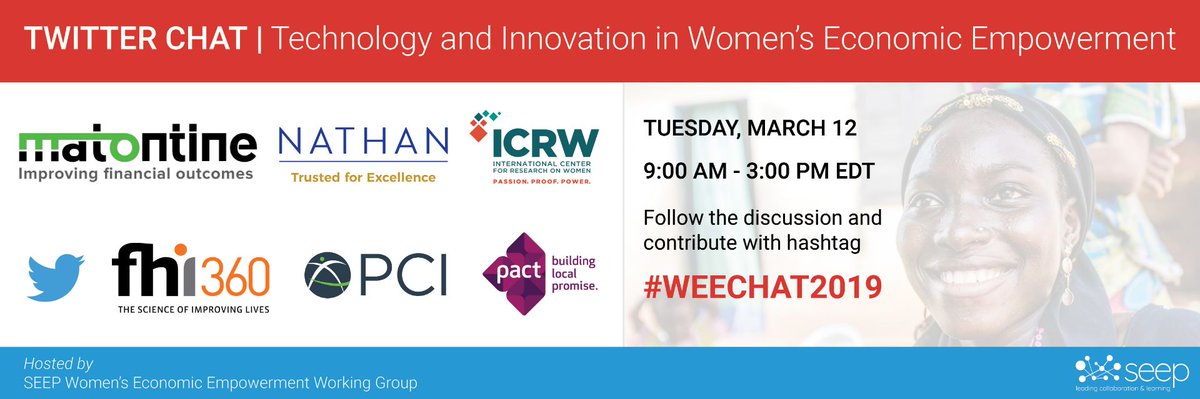 Coming March 12 at 9:00 AM EST: Join @TheSEEPNetwork and their hosts @matontine @Nathan_Inc @ICRW @mSTAR_Project @PCIGlobal @PactWorld for a Twitter Chat on Technology & Innovation in Women's Economic Empowerment:

bit.ly/2HnDzSE

#WEECHAT2019 #IWD2019 #BalanceforBetter