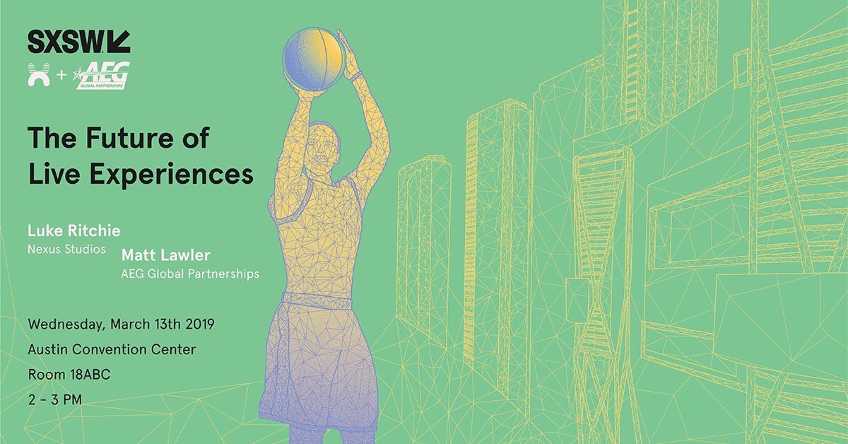 If you’re at @SXSW and want to know how tech like AR and visual mapping will soon shape your experience of live events then don’t miss <a href="/luke0ritchie/">Luke Ritchie</a> and <a href="/AEGworldwide/">AEG</a> Matt Lawler at 2pm on Wednesday in Austin Convention Center bit.ly/2HfdyoO