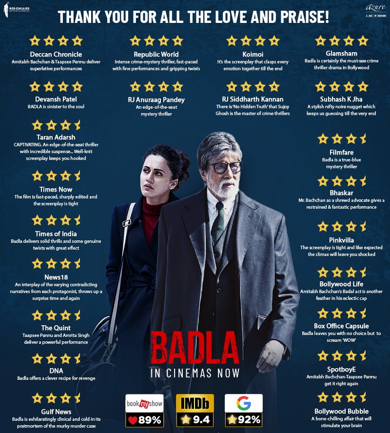Holyentertainer's tweet photo. #Badla seems to have hit the Jackpot despite clashing with #CaptainMarvel 👏

#TaapseePannu #SRK #AmitabhBachchan #BadlaRaveReviews https://t.co/N9nPJgQbJi