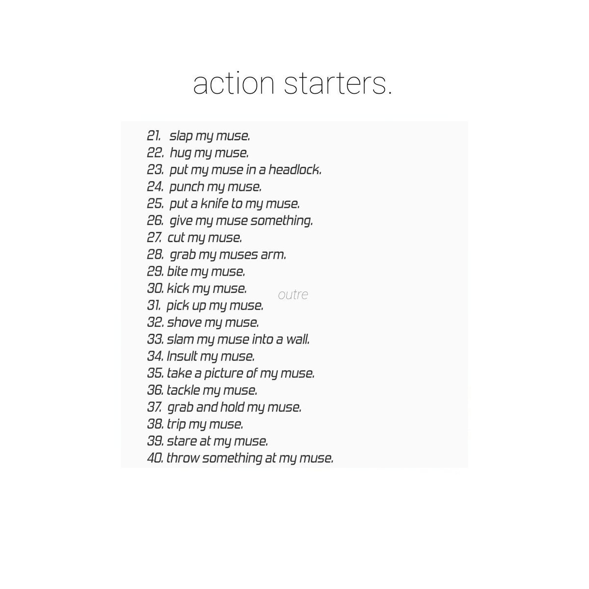 ࿐✧ଂ٠· starter call.

♡ for a gif starter, possibly accompanied with some context. 

↺ to give me permission to enter your dms to plot a sl. 

quote with a number for a short starter.