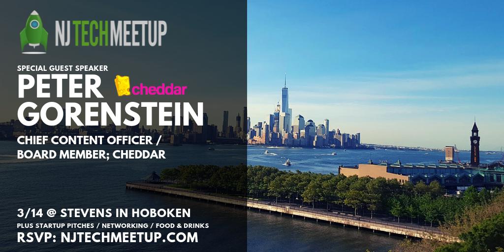 Content is king and @Cheddar is royalty.  Come hear <a href="/PeterGorenstein/">Peter Gorenstein</a> Chief Content Officer/Board Member at Cheddar drop serious content and startup knowledge at the <a href="/NJTech/">NJ Tech Meetup</a> Meetup in Hoboken at <a href="/FollowStevens/">Stevens Institute of Technology</a> in <a href="/CityofHoboken/">City of Hoboken</a> next week.  RSVP at meetup.com/njtech/events/…