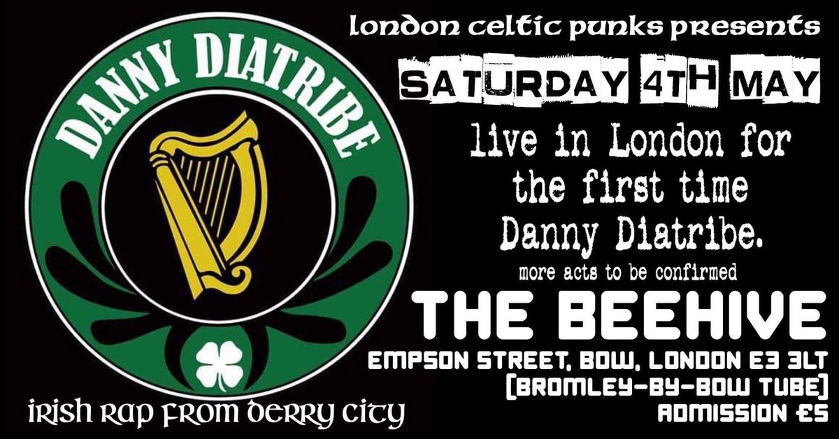 For the first time in #EastLondon Sun 4May
Derry City #rap vagabond Danny Lynch-otherwise known as <a href="/DannyDiatribe/">DannyDiatribe</a> the #ChristyMoore of the #WuTang variety will hit the boards. Expect intelligent conscious shit from a drunken #Irish perspective!
Support TBC
facebook.com/events/4179593…