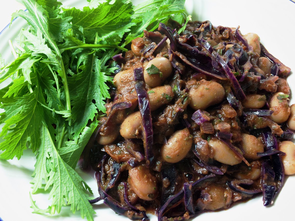 Dinner: butter beans, red cabbage, onions, tomato, tomato purée, tahini, flat leaf parsley, oregano, cayenne, seasoning, apple cider vinegar, olive oil and wild salad from the garden 😋