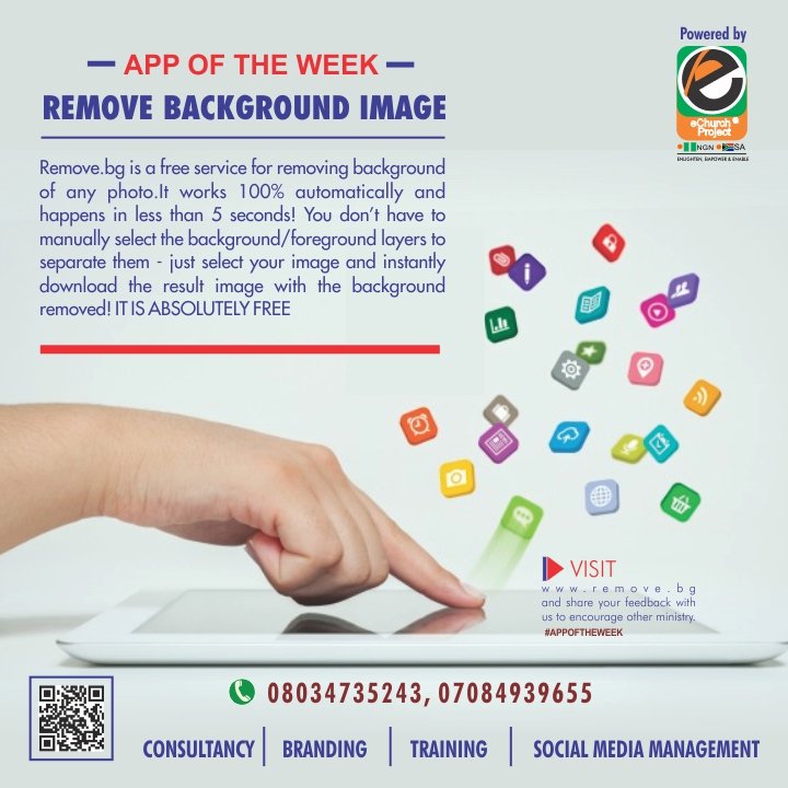 eChurchproject's tweet photo. #TGIF
It's ChurchApp Day!
APP OF THE WEEK: Background Removal https://t.co/BUI9xd6E31
https://t.co/iik0oHrvHF removes background of any photo in less than 5 seconds. It is FREE.
Visit https://t.co/w1GW2e1CSp & begin to remove background photos today
#eChurchproject #removebg https://t.co/le6MY4irTE