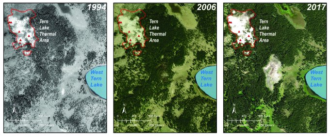 Air photos from 1994, 2006, and 2017.  The thermal area that is present in the center of the 2017 image is expressed only as a few dying trees in the 2006 image, and it is not present at all in the 1994 image.