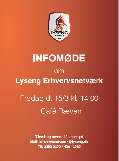 IFLyseng's tweet photo. IF Lyseng Fodbold starter et nyt erhvervsnetværk op, og holder infomøde i klubhuset fredag d. 15. marts kl. 14 - 16. 
Alle interesserede er velkomne.
Tilmelding senest tirsdag d. 12. marts på erhvervsnetvaerk@lyseng.dk
#iflyseng #lysengpiger #lysengdrenge https://t.co/sFOGB0waSP