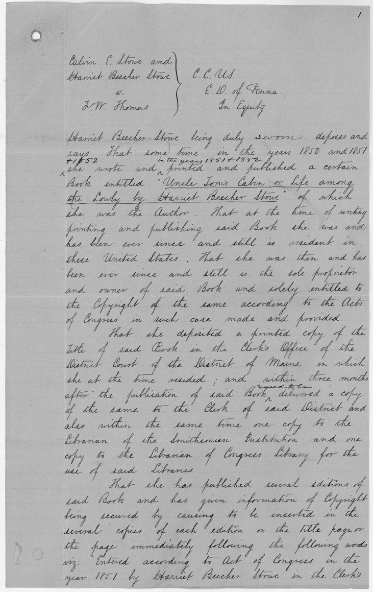 Harriet Beecher Stowe Sued Newspaper Reprinting Uncle Tom Cabin