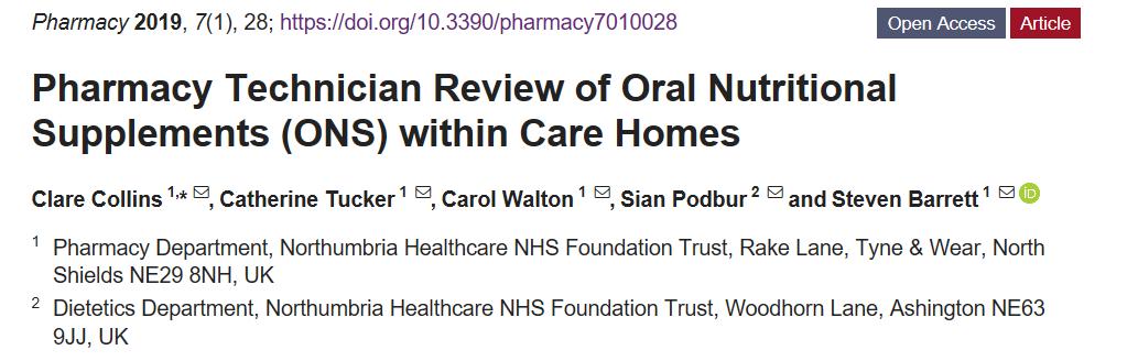 <a href="/NHCTPharmacy/">Northumbria Pharmacy</a> Pharmacy Technicians supporting #carehome residents.  Great example of collaborative #MDT working.

Pharmacy Technician Review of Oral Nutritional Supplements within Care Homes
mdpi.com/2226-4787/7/1/…
#MOCH
@APTUK1 <a href="/GtNorthPharmRes/">Great North Pharmacy Research Collaborative</a> <a href="/NorthumbriaNHS/">NorthumbriaNHS</a> 
<a href="/Pharmacy_MDPI/">Pharmacy MDPI</a>