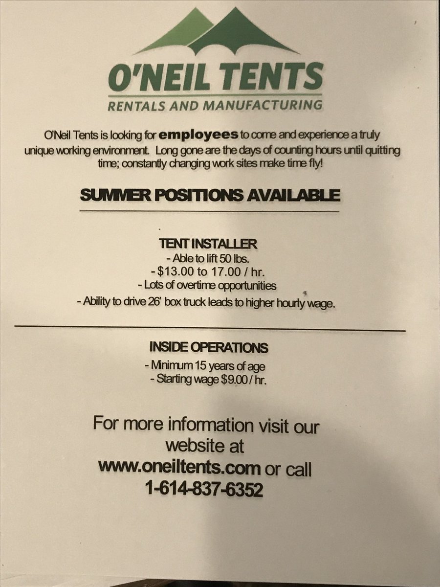 We are looking for summer and Full Time help! You can apply as a Tent Installer or Inside Operations on our website, Facebook Page, or stop by our office and fill out an application in person! facebook.com/ONeilTents/ 
oneiltents.com
