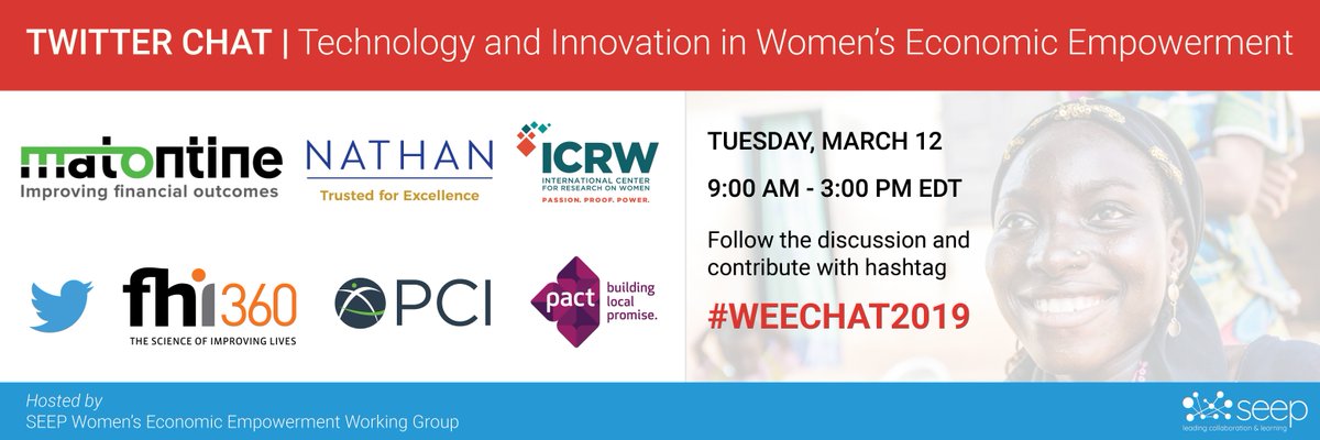 The SEEP Network (@theseepnetwork) on Twitter photo Twitter Chat: Technology and Innovation in Women's Economic Empowerment
Join w/ hashtag #WEECHAT2019 on March 12!
Hosted by SEEP <a href="/matontine/">MaTontine</a> <a href="/Nathan_Inc/">Nathan, a Cadmus Company</a> <a href="/ICRW/">International Center for Research on Women</a> <a href="/mSTAR_Project/">mSTAR Project</a> @PCIGlobal <a href="/PactWorld/">Pact</a>
#IWD2019 #BalanceForBetter Twitter Chat: Technology and Innovation in Women's Economic Empowerment
Join w/ hashtag #WEECHAT2019 on March 12!
Hosted by SEEP <a href="/matontine/">MaTontine</a> <a href="/Nathan_Inc/">Nathan, a Cadmus Company</a> <a href="/ICRW/">International Center for Research on Women</a> <a href="/mSTAR_Project/">mSTAR Project</a> @PCIGlobal <a href="/PactWorld/">Pact</a>
#IWD2019 #BalanceForBetter