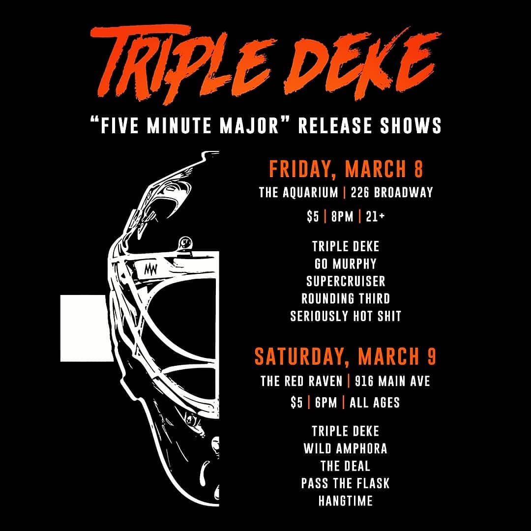 tripledekend's tweet photo. TONIGHT: We celebrate the release of "FIVE MINUTE MAJOR" with a 21+ show at the @theaquarium in Fargo, ND, with Seriously Hot Shit, SuperCruiser, @rounding3rdmw, and @GoMurphyMusic! 
We'll have CDs, cassettes, and some new shirts available at the show! https://t.co/xO9v46h25N