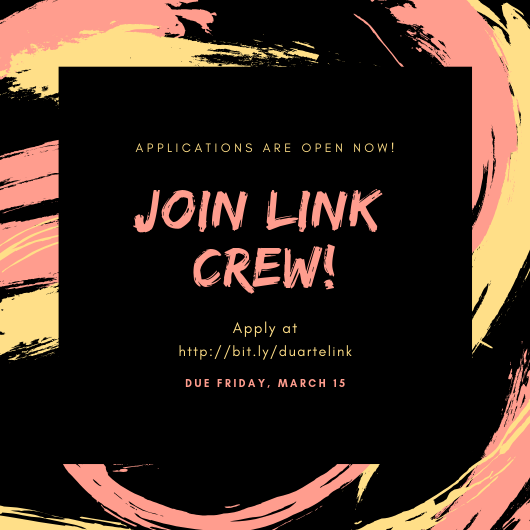 Duarte_Crew's tweet photo. Link Crew applications are out now! Join our 2019-2020 team! Apply at https://t.co/8wpHKA4Vhq 🤩🤩🤩 https://t.co/FzZYPROrNB