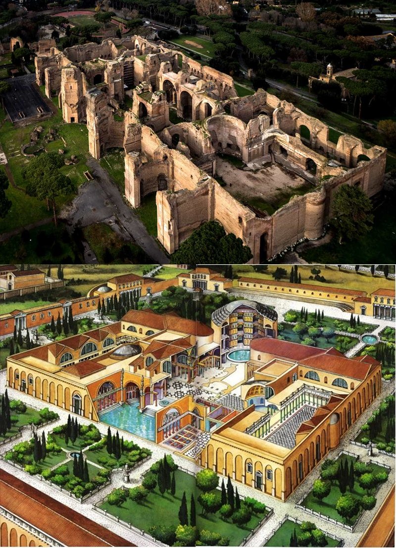 #BathsofCaracalla, Rome. Now and then (historical reconstriction art). Read Guide: colosseumrometickets.com/baths-caracall…