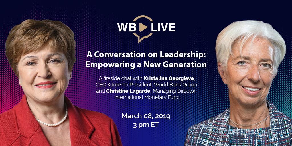 WorldBankLive's tweet photo. We are LIVE with the WBG Interim President @KGeorgieva and the IMF’s Managing Director @Lagarde! Tune in, ask your questions and join the discussion on leadership and the importance of empowering women in the work place: https://t.co/pM6YvUhjaw #WomensDay https://t.co/37PhH5tTSc