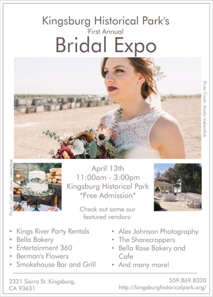 KAKlassen's tweet photo. Calling all brides! Kingsburg Historical Park invites you to its first annual Bridal Expo on April 13th from 11:00am - 3:00pm. You will have the chance to meet and book potential vendors for your wedding including photographers, venues, DJ's, caterers and many more! https://t.co/ZvvBvBMHop