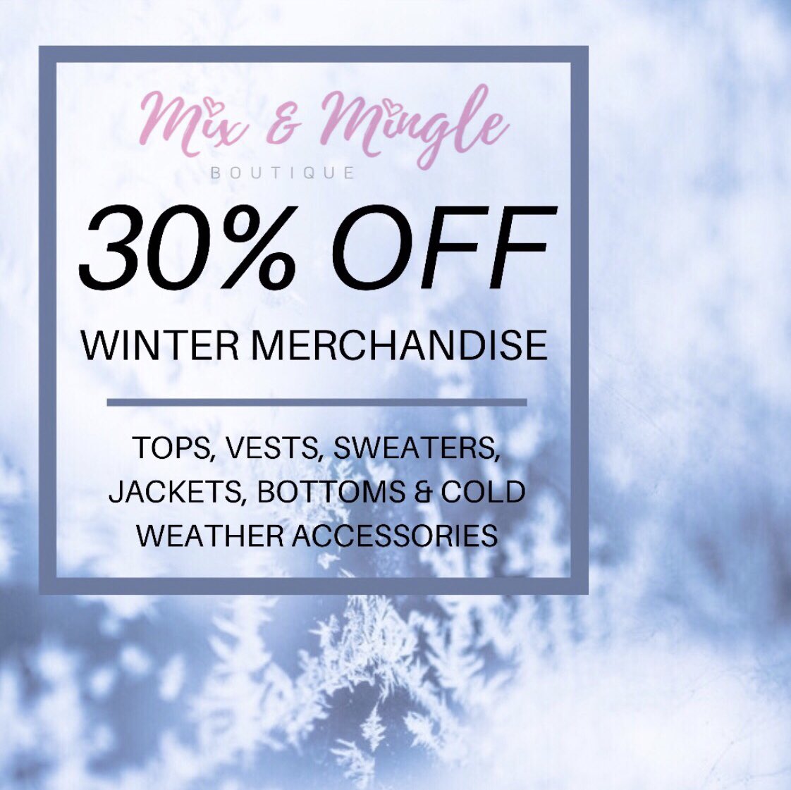 shopmixmingle's tweet photo. It’s still winter here in Kansas so enjoy 30% off all our winter merchandise! ❄️🛍
♡
Stop by the store or check us out online.
*online purchase use code: WINTER30 
♡
#boutiqueshopping #onlineshopping #wintersale #shopmixmingle #mixmingleboutique https://t.co/9bI8NfiMhZ